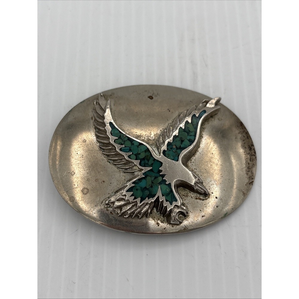 Hunting Flying Eagle - Turquoise Chip Inlaid Vintage Southwestern Belt Buckle